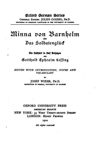 Gotthold Ephraim Lessing: Minna von Barnhelm (German language, 1910, Oxford university press, American branch)