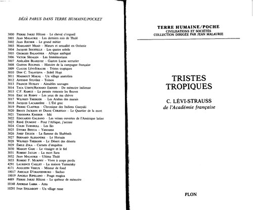 Claude Lévi-Strauss: Tristes tropiques (French language, 1955, Librarie Plon)