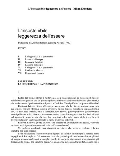Milan Kundera: L'insostenibile leggerezza dell'essere (Italian language, 1995, Adelphi)