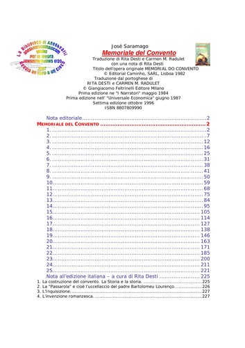 José Saramago: Memoriale del convento (Italian language, 2010, Feltrinelli)