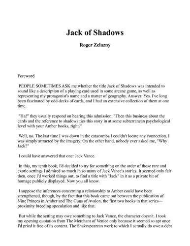 Roger Zelazny: Jack of Shadows (1971, Walker)