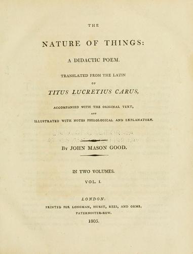 Titus Lucretius Carus: The nature of things (1805, Longman, Hurst, Rees, and Orme)